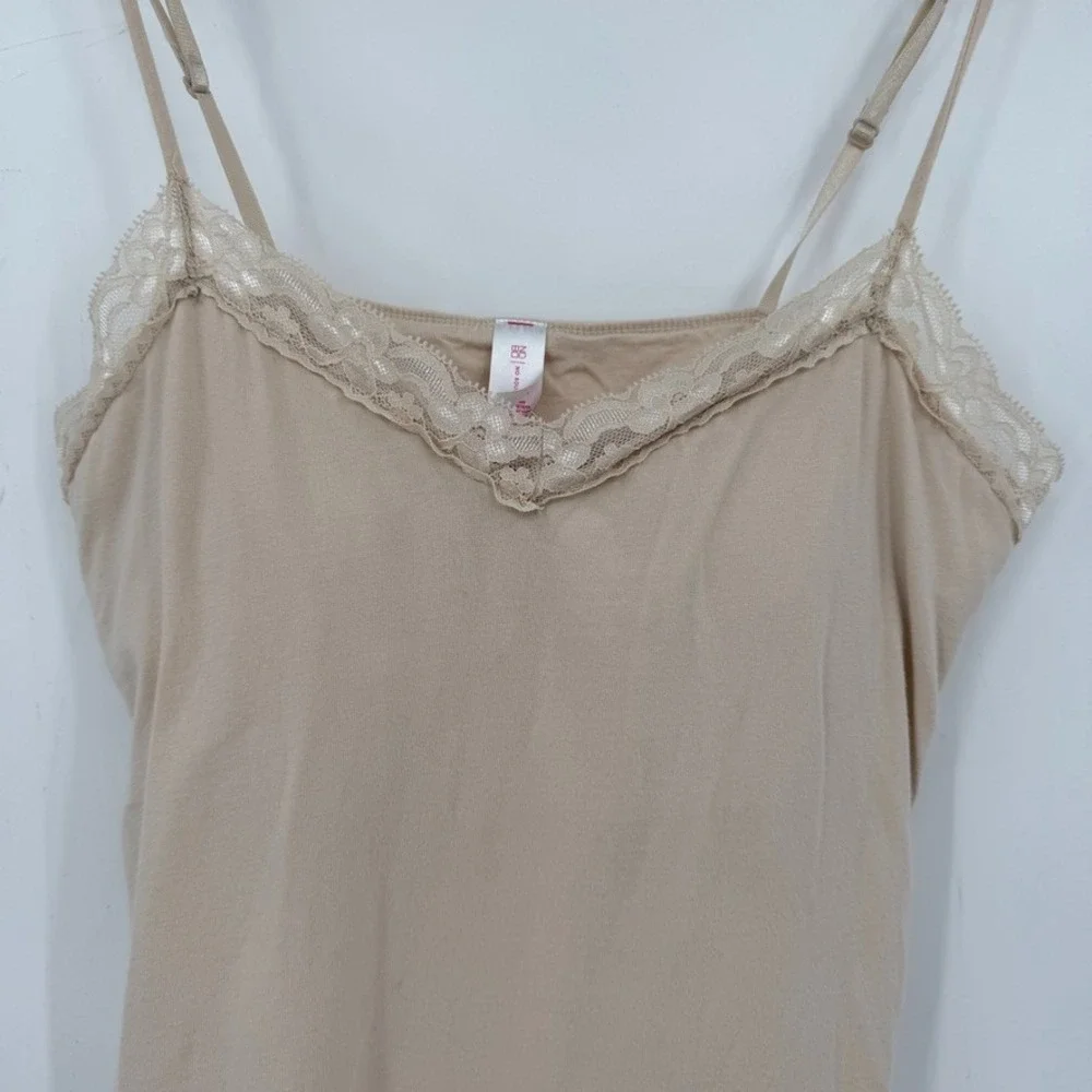 Womens Y2K Cami Tank Top 2XL Beige Lace Trim‎ Built In Bra Stretch Coquette